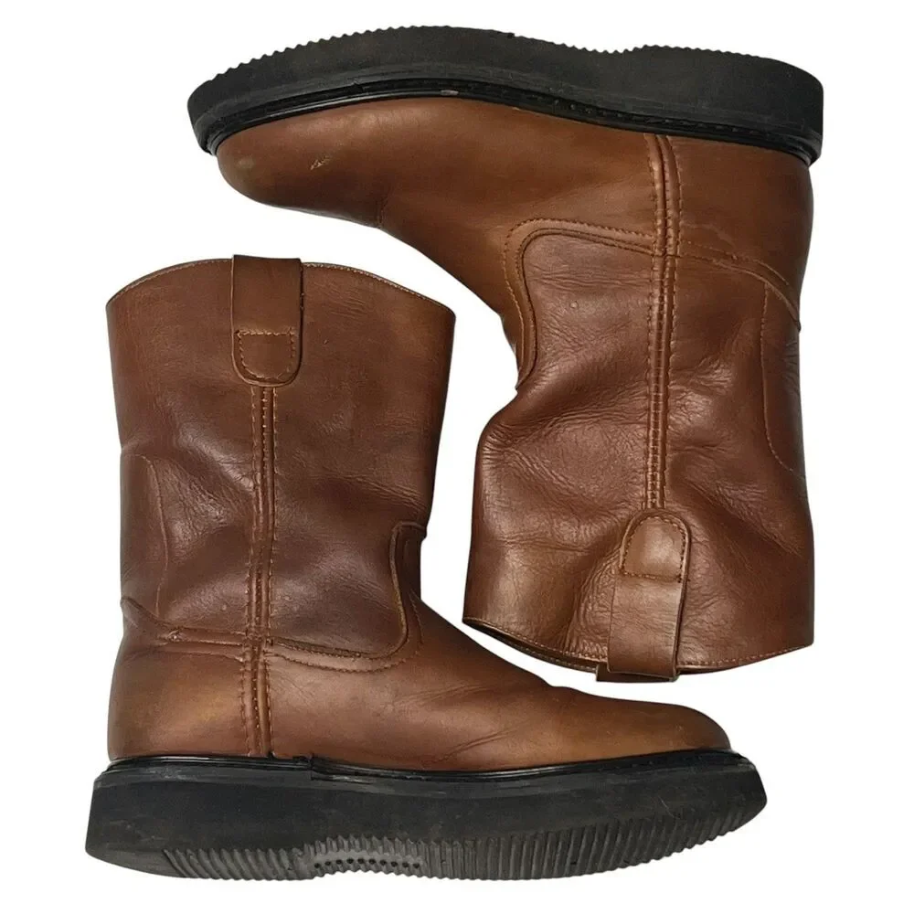 Mens Brown Leather Pull On Work Boots Thick Sole Western Style Size 7.5